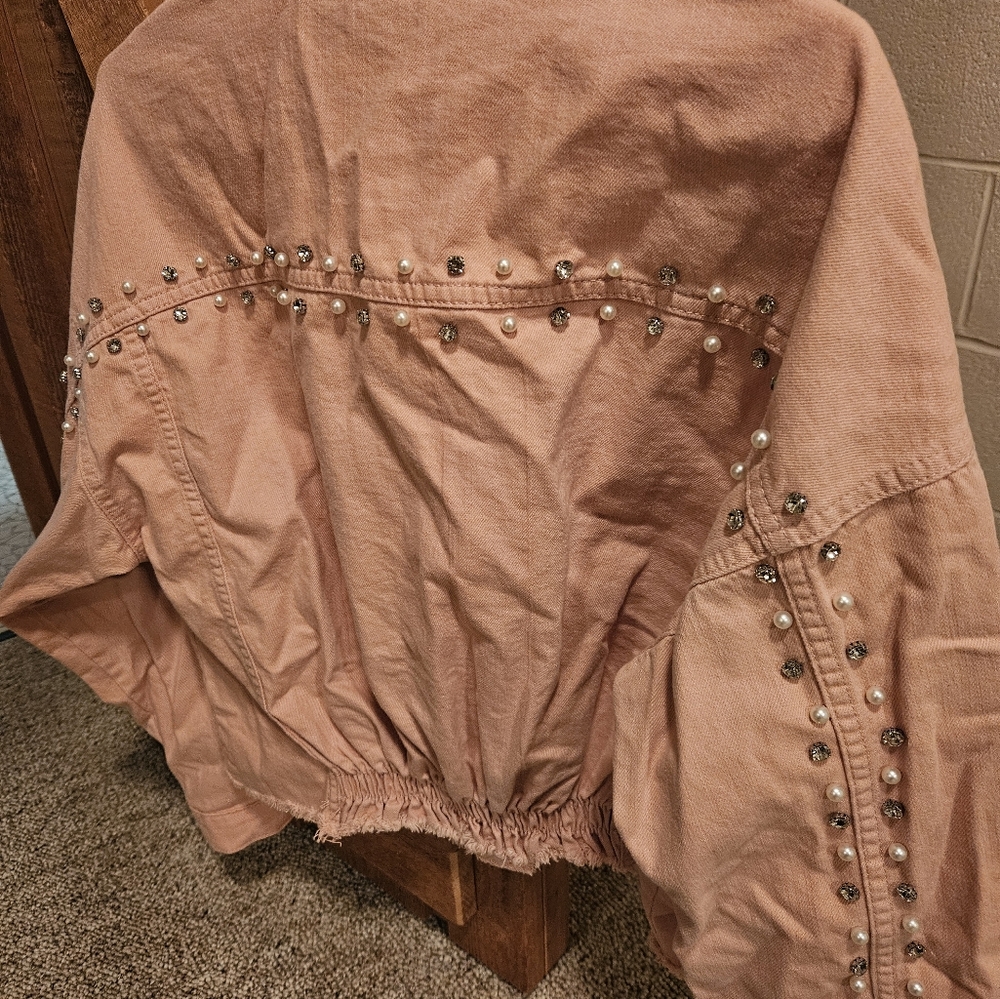 BiBi blush pearl/bling distressed denim jacket. Size small - Picture 2 of 7